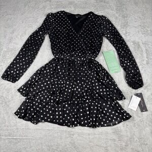 City Triangles Black & Gold Polka Dot Long Sleeve Tiered Ruffle Dress Sz 3 New